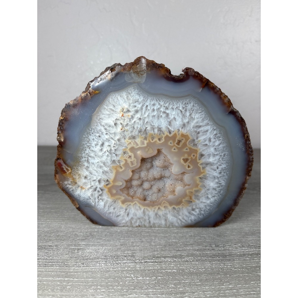 Natural Brazilian Agate Geode Slice Druzy Quartz Crystal Specimen Polished 6"